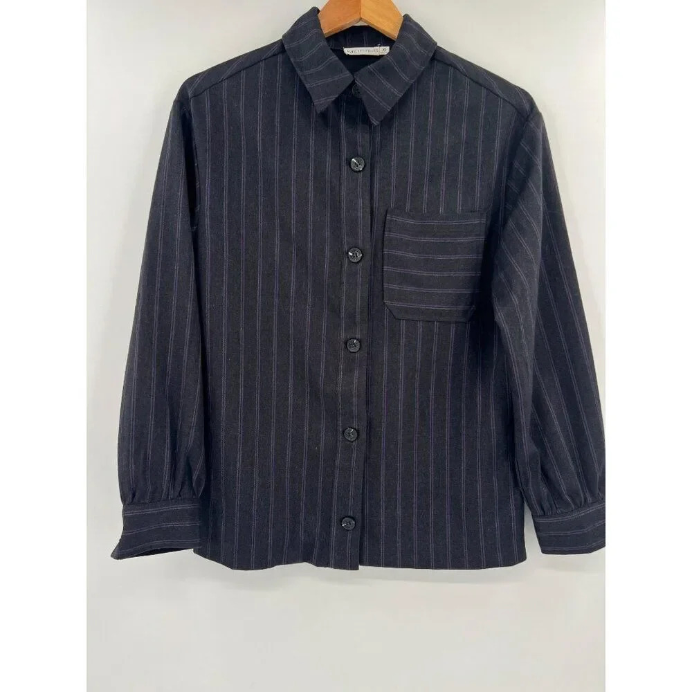 Avec Les Filles XS Striped Shacket‎ Dark Gray Purple Button Up Shirt Jacket
